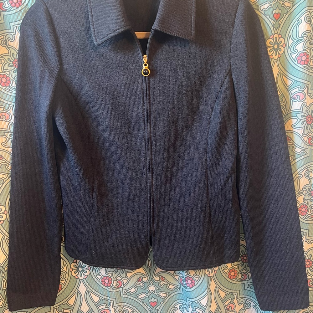 St. John Navy Zip-Front Knit Blazer with Gold-Tone Zip